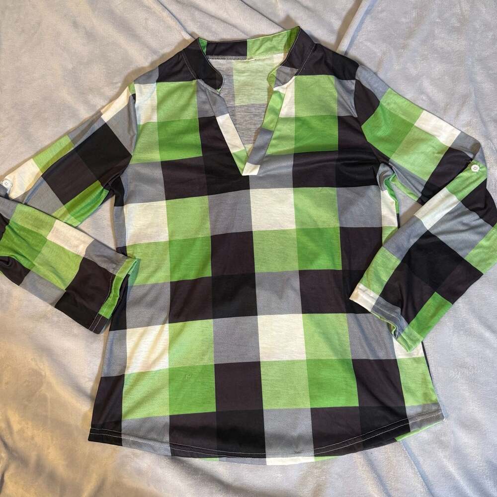 Women's Long Sleeve Plaid V-Neck Casual Shirt Green Black White Size L